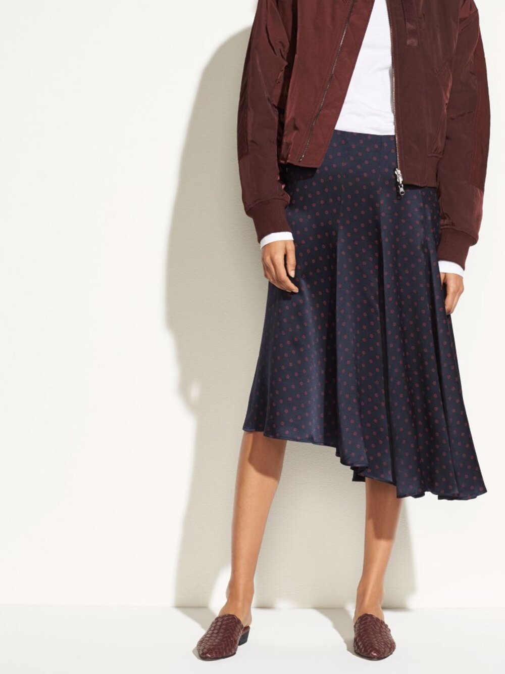 Vince Leaf Foulard 100% Silk Satin Asymmetric Midi Skirt Navy Blue XS M $325 - Picture 4 of 14